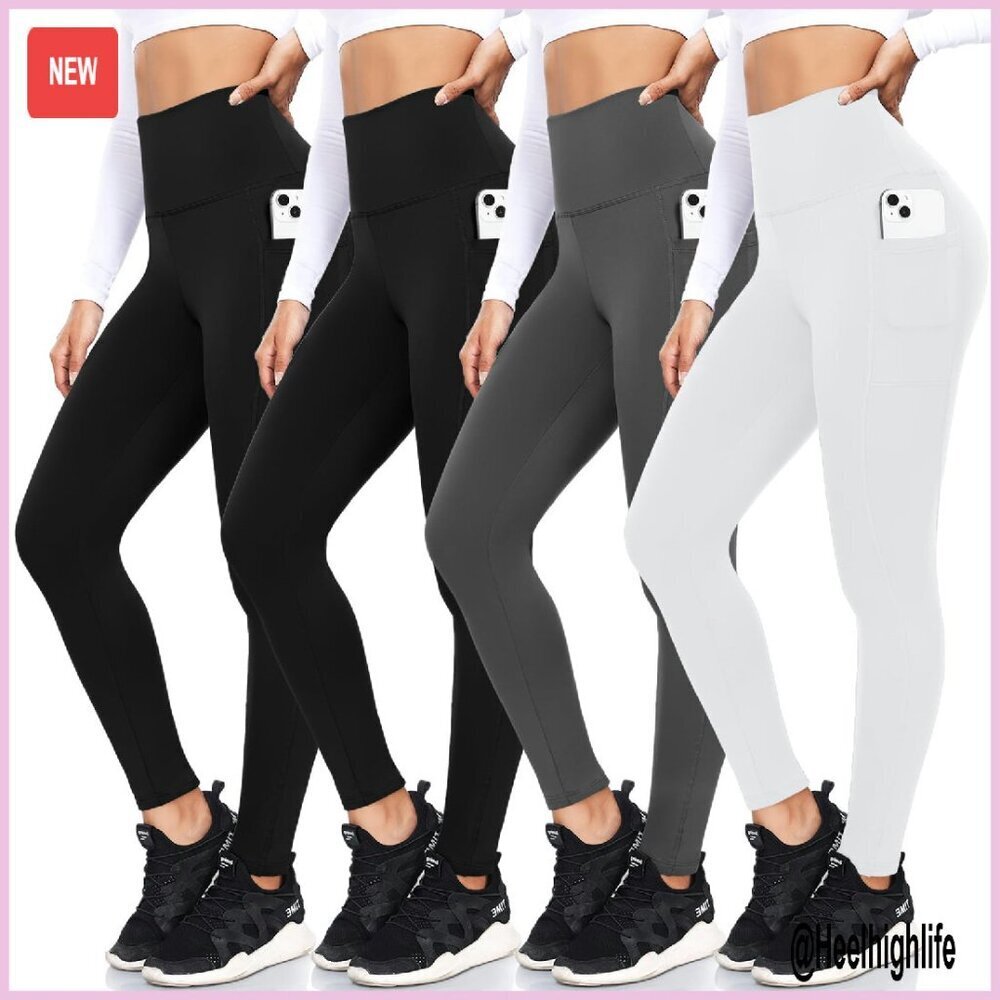 4 Pack Fleece Lined Leggings High Waisted Thermal Yoga Pants with Pockets